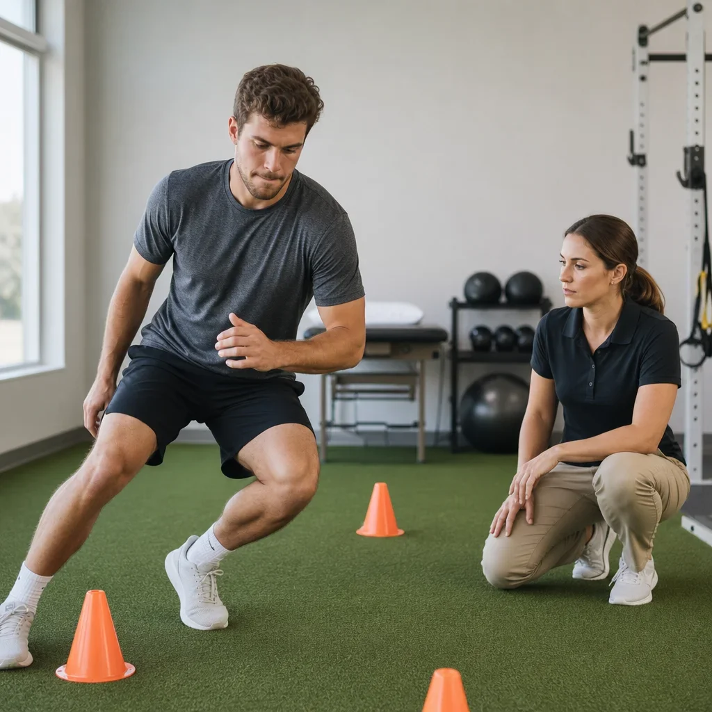 Athlete doing a change-of-direction drill under clinician observation in rehab.