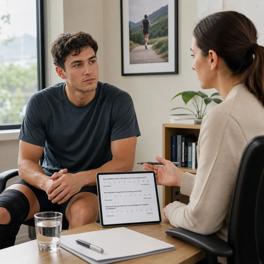 Athlete discussing confidence and fear of reinjury with a clinician in consultation.