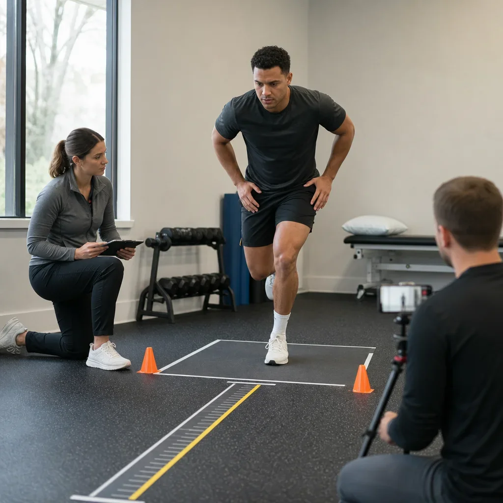 Athlete completing a supervised single-leg hop test while a clinician observes landing quality.