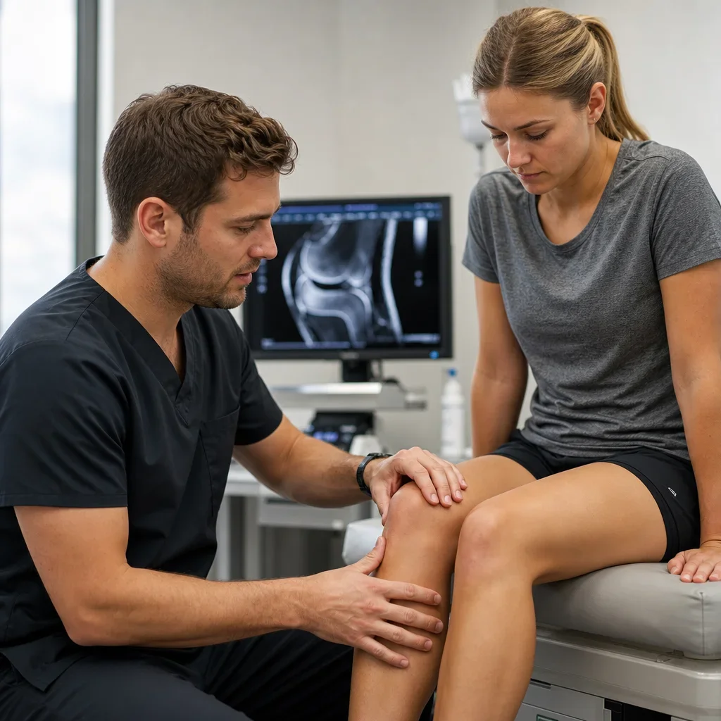 Sports medicine clinician examining a female athlete’s knee in clinic.