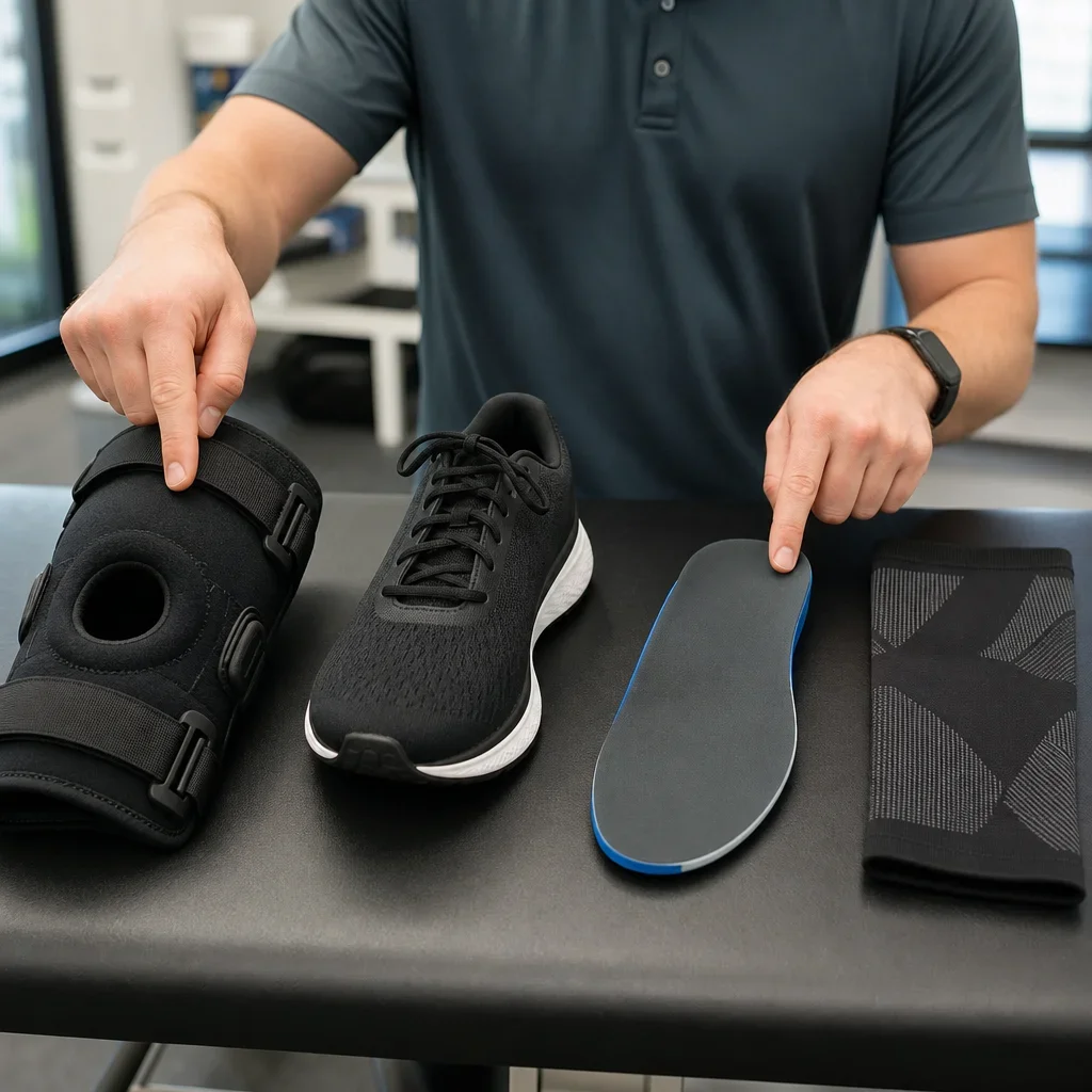 Knee brace, shoe, orthotic, and compression sleeve arranged for discussion.