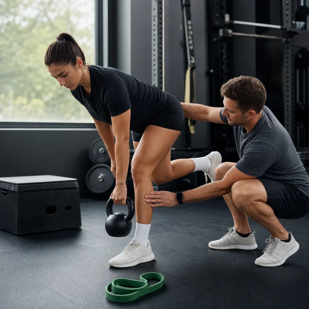 Athlete doing lower-body strength training with coaching cues for knee alignment.