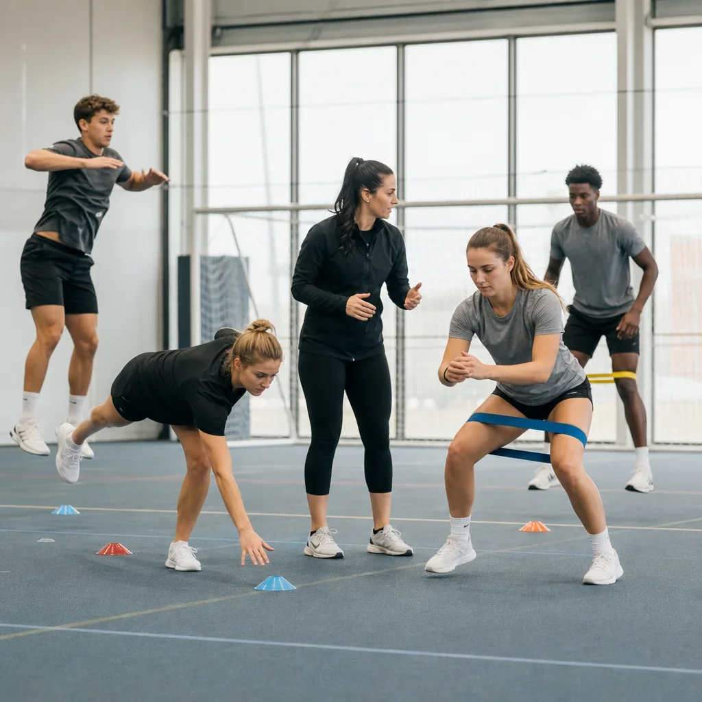 Coach leading athletes through a dynamic ACL prevention warm-up.