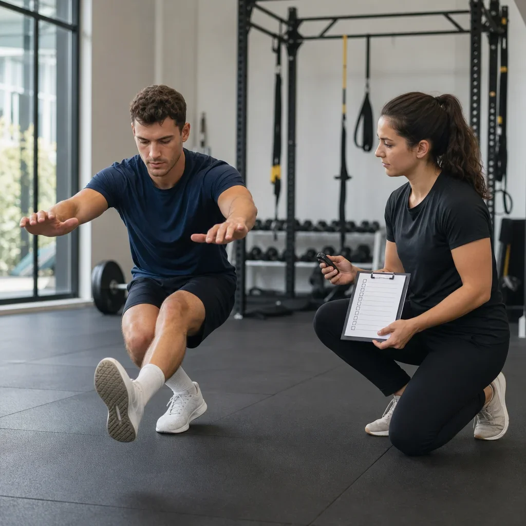 A physiotherapist observing an athlete during ACL return-to-sport testing.