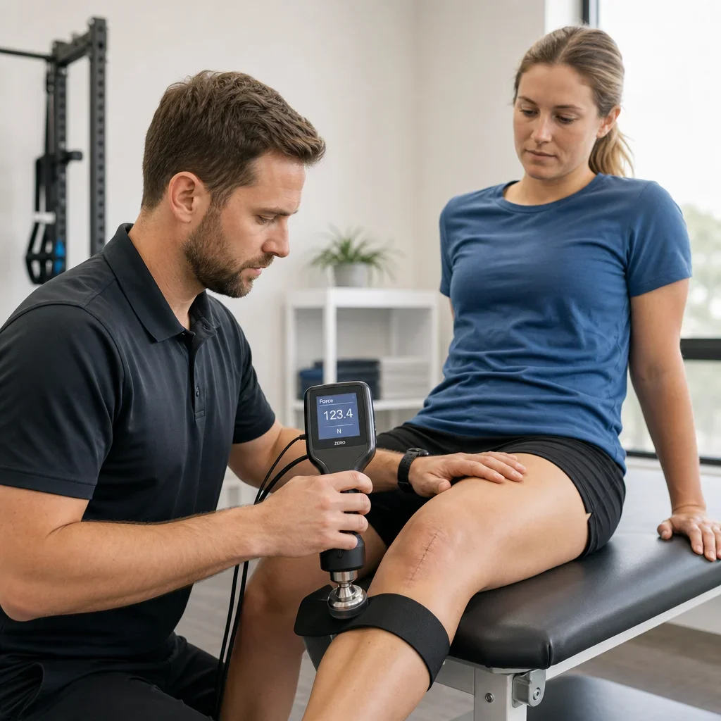 Therapist testing quadriceps strength after ACL surgery with a handheld dynamometer.