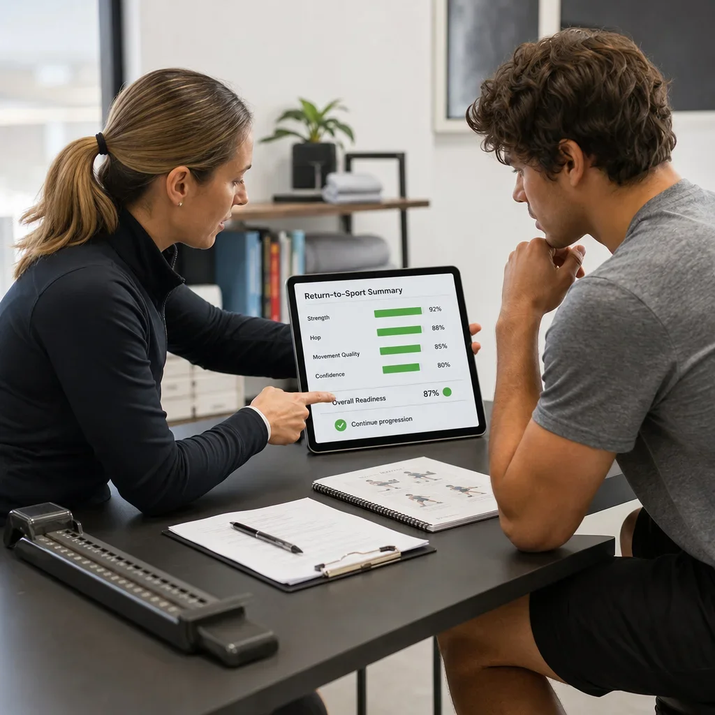 Clinician and athlete reviewing ACL return-to-sport test results together.