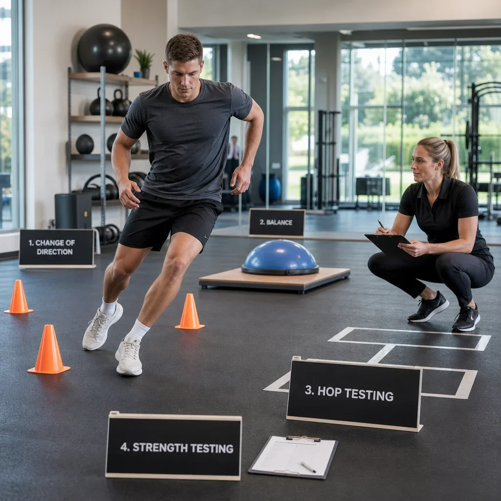 Athlete progressing through a staged ACL testing sequence in a rehab gym.