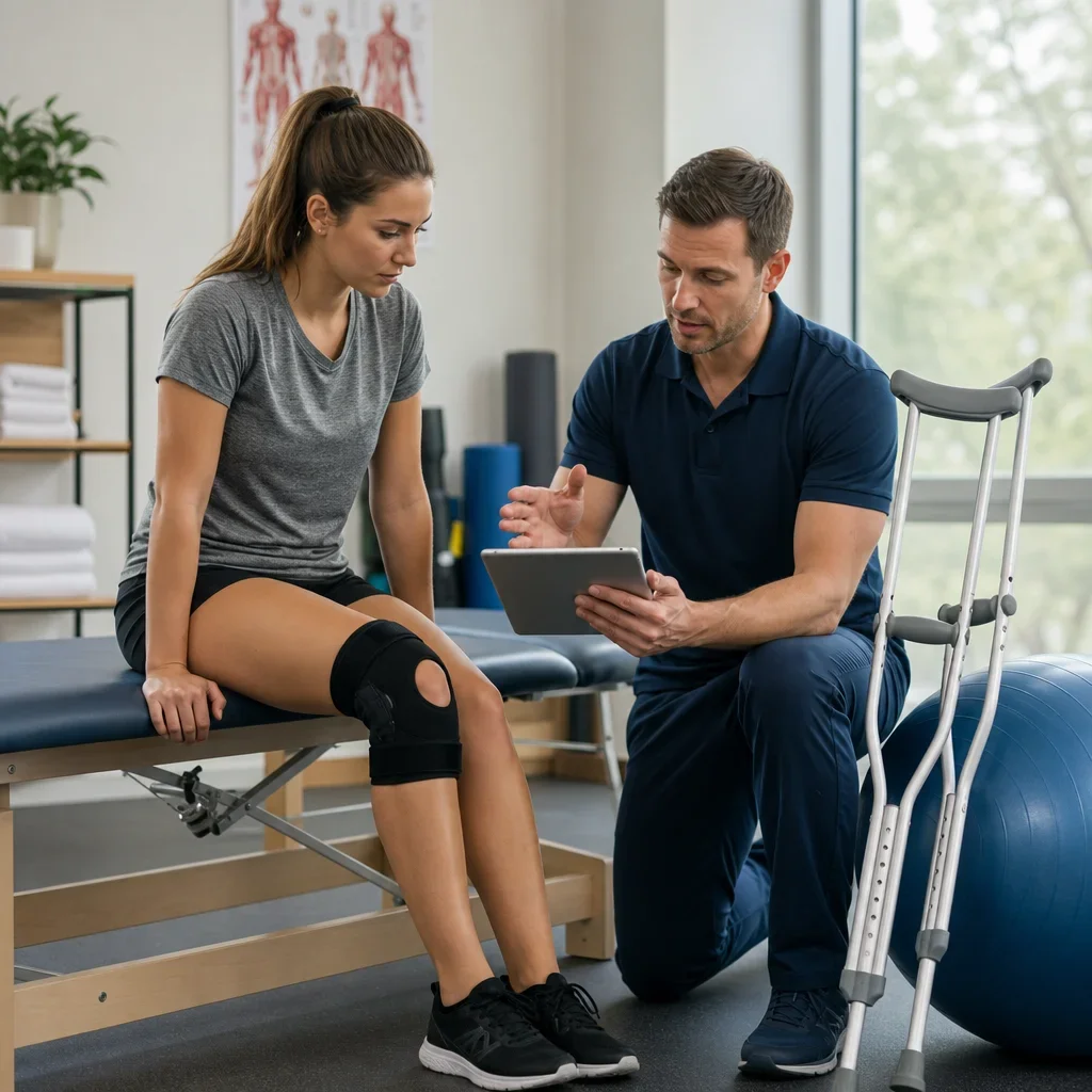 Female athlete doing ACL rehabilitation with a physiotherapist in clinic.