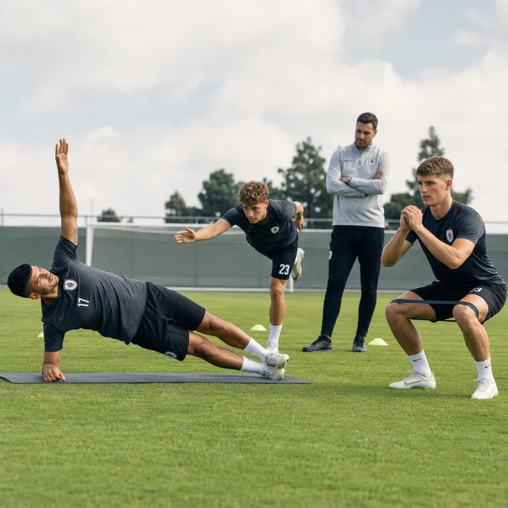 Soccer players doing activation and balance control drills while a coach watches.