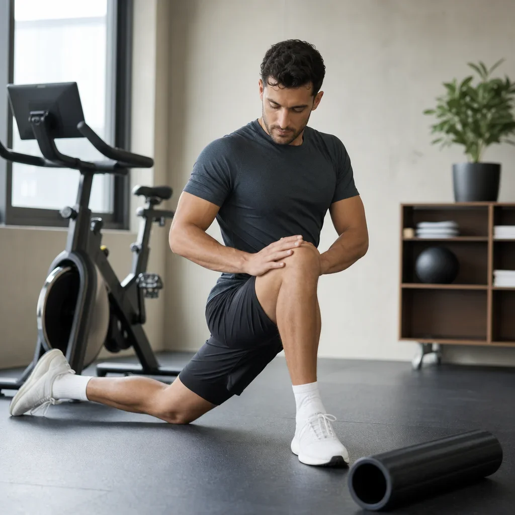 An athlete doing light active recovery with stretching and foam rolling in a gym.