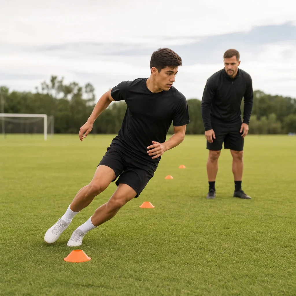 Soccer players practicing controlled cutting and deceleration drills around cones.