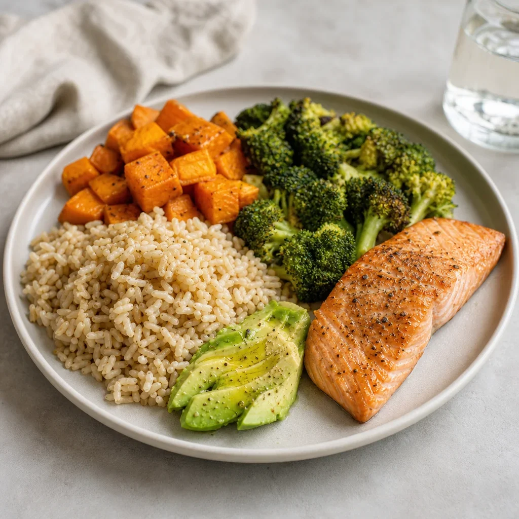 A balanced athlete meal plate with carbohydrates, protein, vegetables, and healthy fats.