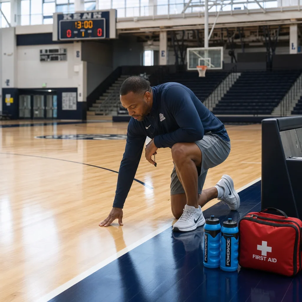Coach checking a clean indoor basketball court with first aid gear nearby.