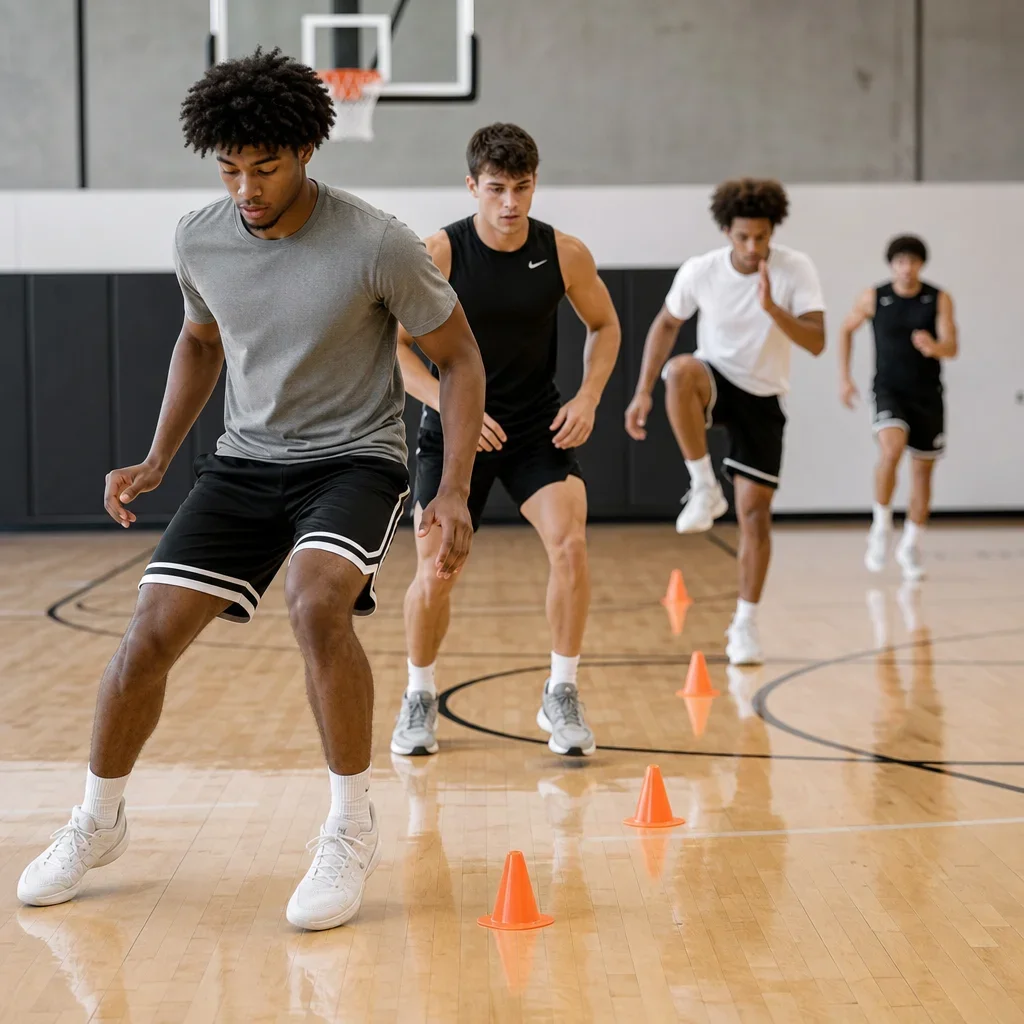 Basketball players doing a dynamic warm-up on an indoor court.