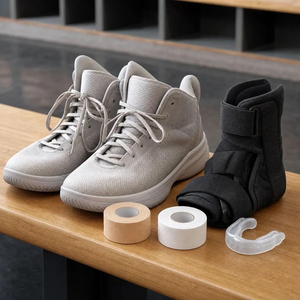 Basketball shoes, ankle brace, tape, and protective gear arranged on a bench.