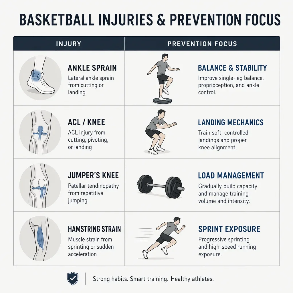 Minimal infographic comparing basketball injury types and prevention focus.