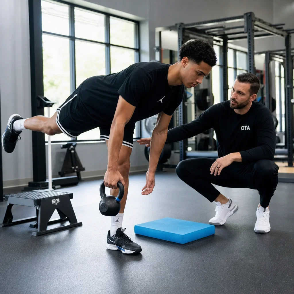 Athlete performing strength and balance prehab exercises in a gym.
