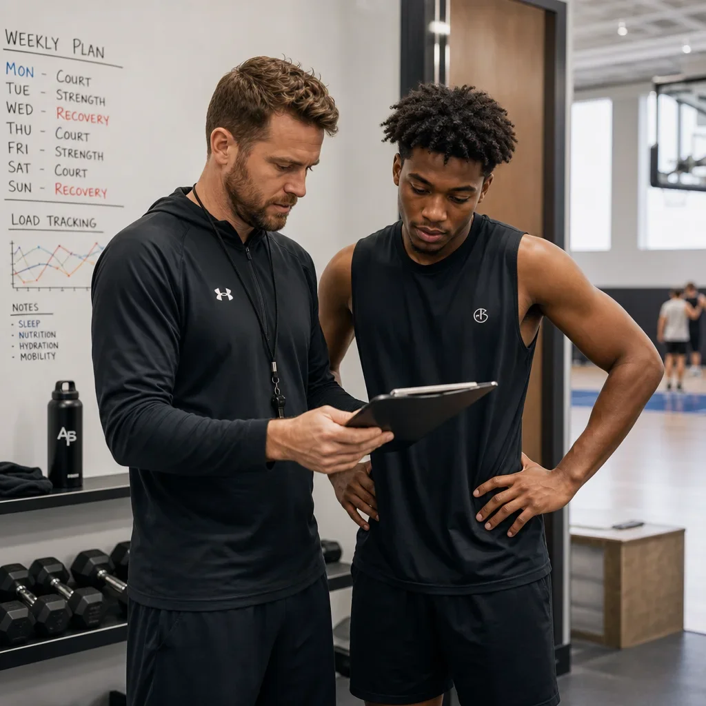Coach and player reviewing a weekly basketball injury prevention plan.