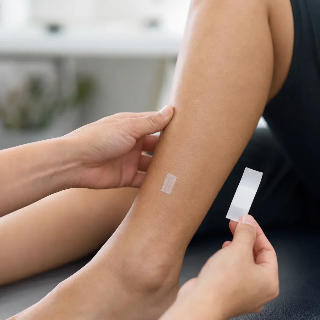 Hands checking lower-leg skin before applying kinesiology tape.