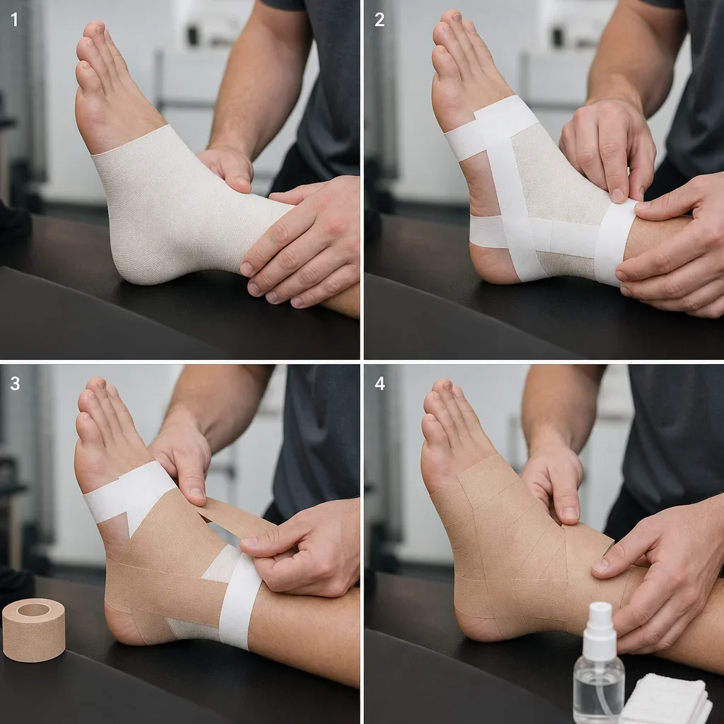 A clinician applying sports tape with underwrap and anchor strips on an athlete’s ankle.