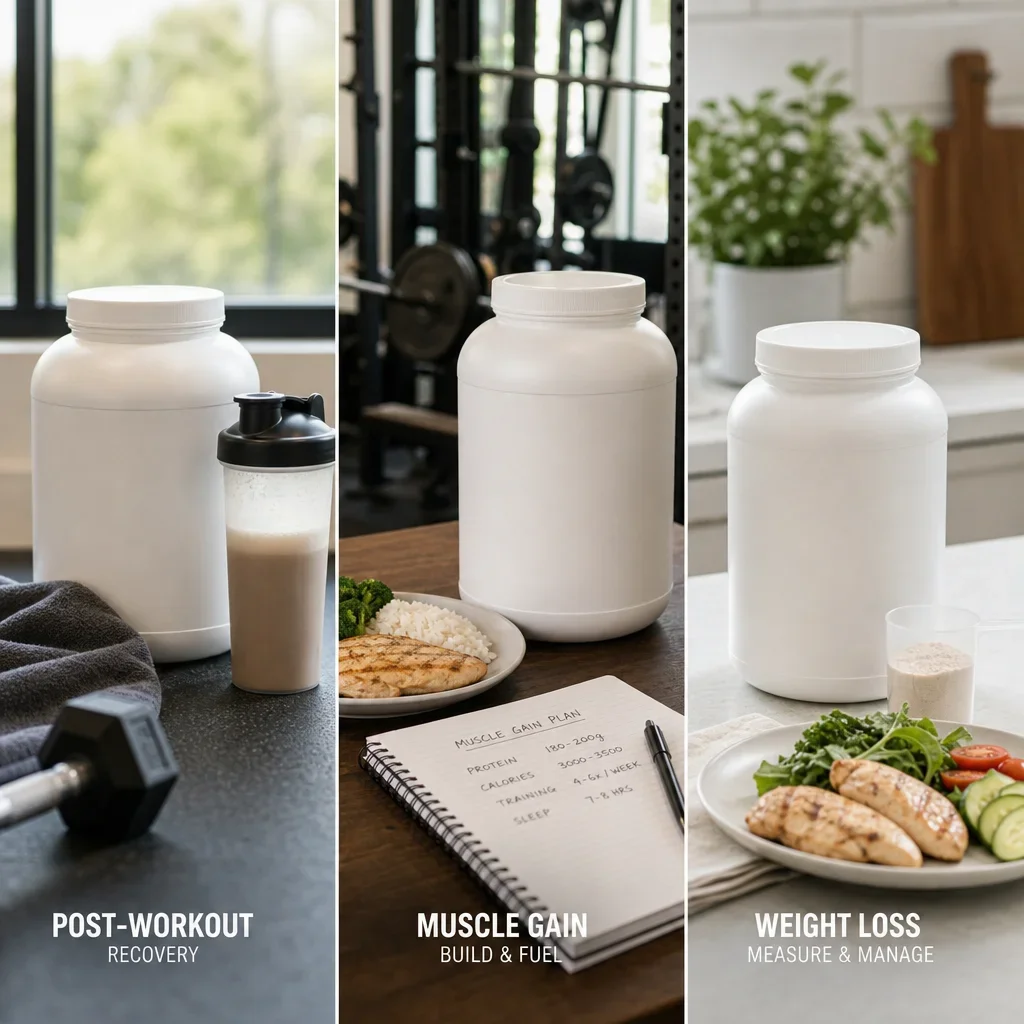 A three-part comparison of whey use for recovery, muscle gain, and weight loss.