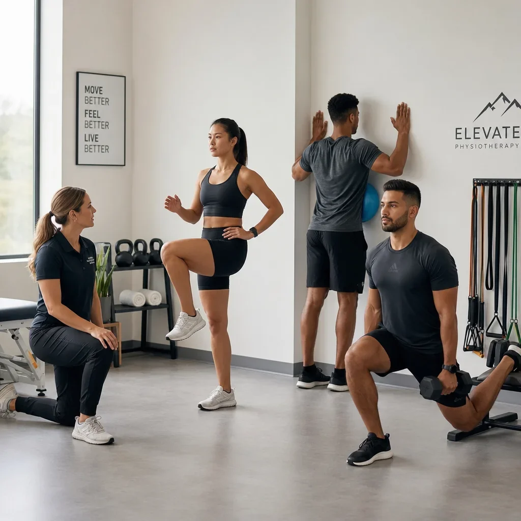 An athlete performing several body-area-specific rehab exercises under physiotherapy supervision.