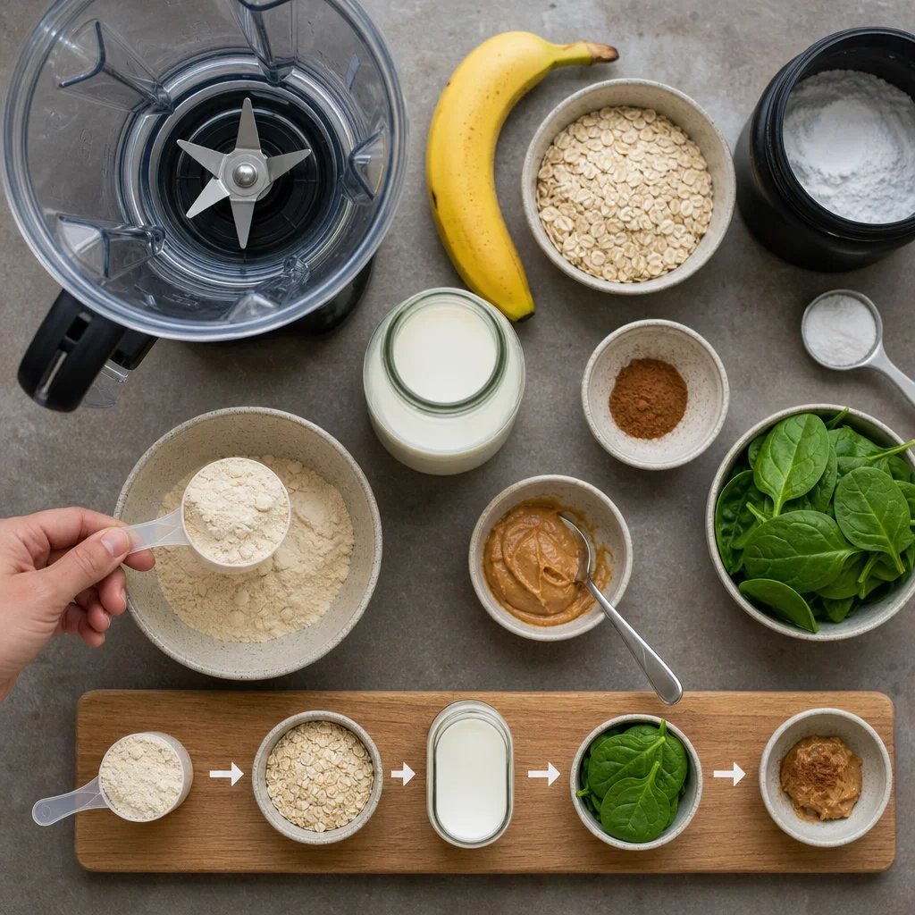 A build-your-own post-workout shake ingredient station with protein, carbs, liquid, and add-ins.
