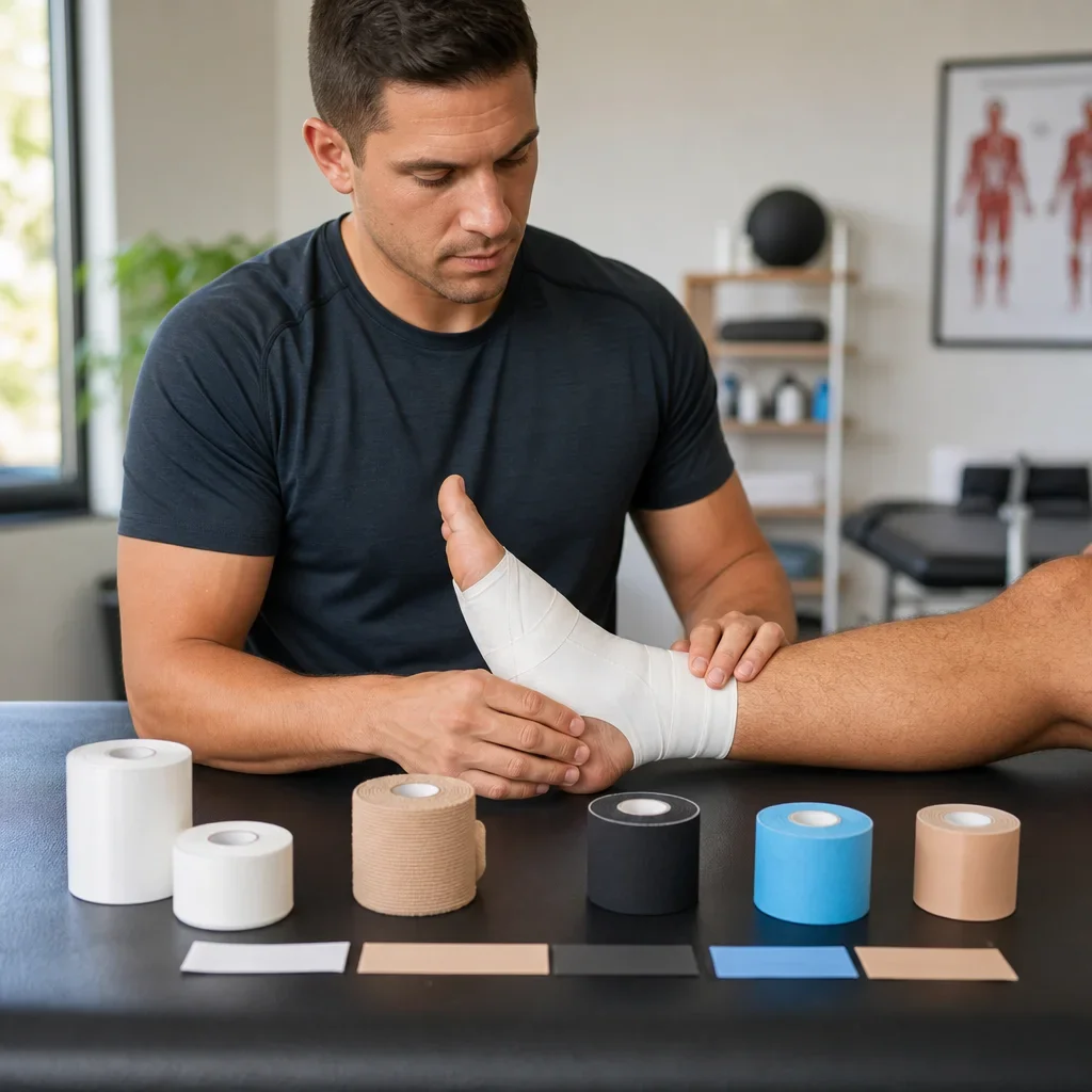 An athletic trainer organizing different tape types for different taping goals.