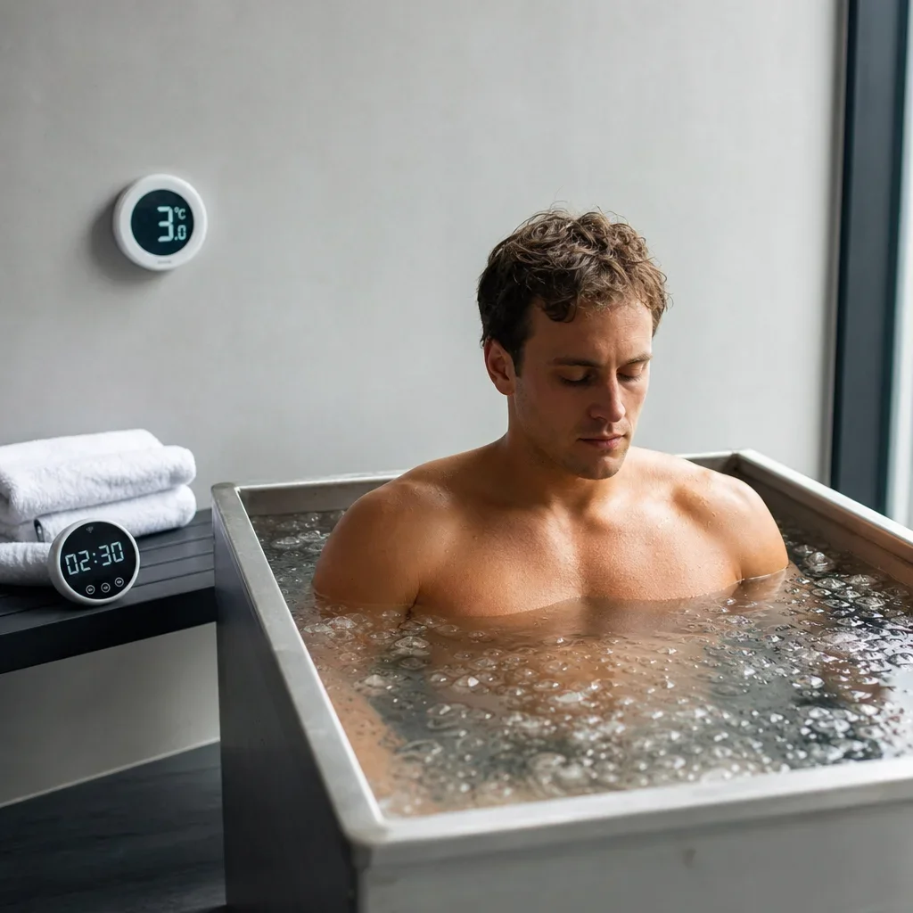 An athlete using a cold plunge for recovery in a clean, simple setting.