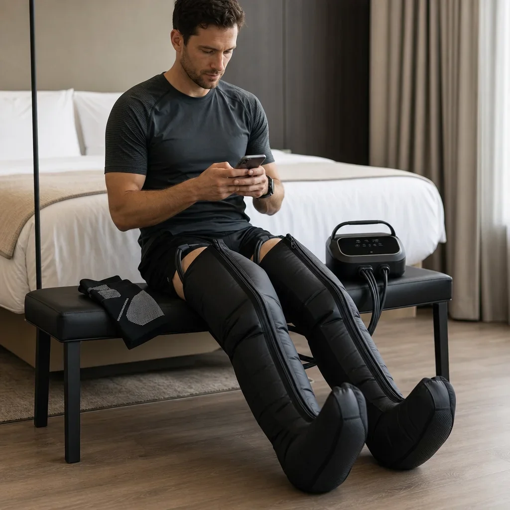 An athlete using pneumatic compression boots and compression socks for leg recovery.