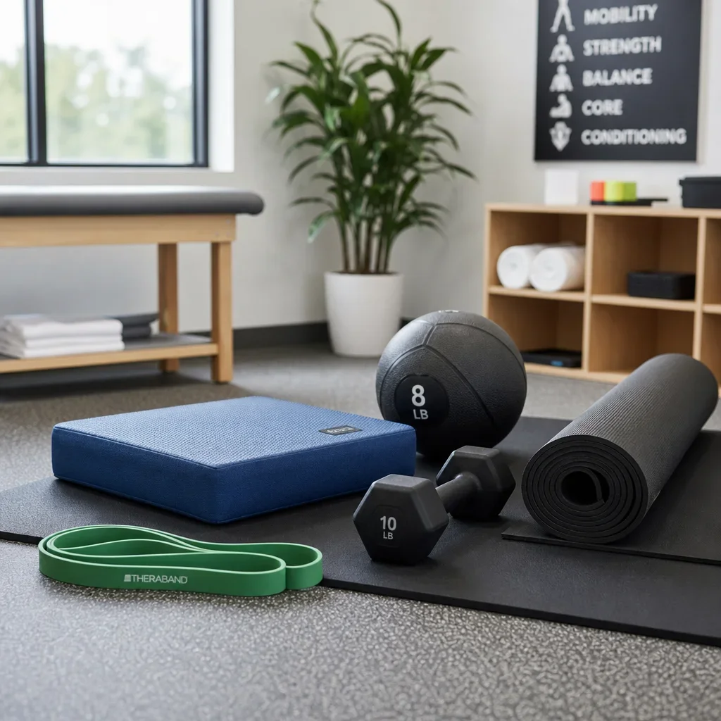 Rehabilitation tools representing different categories of sports rehab exercises.