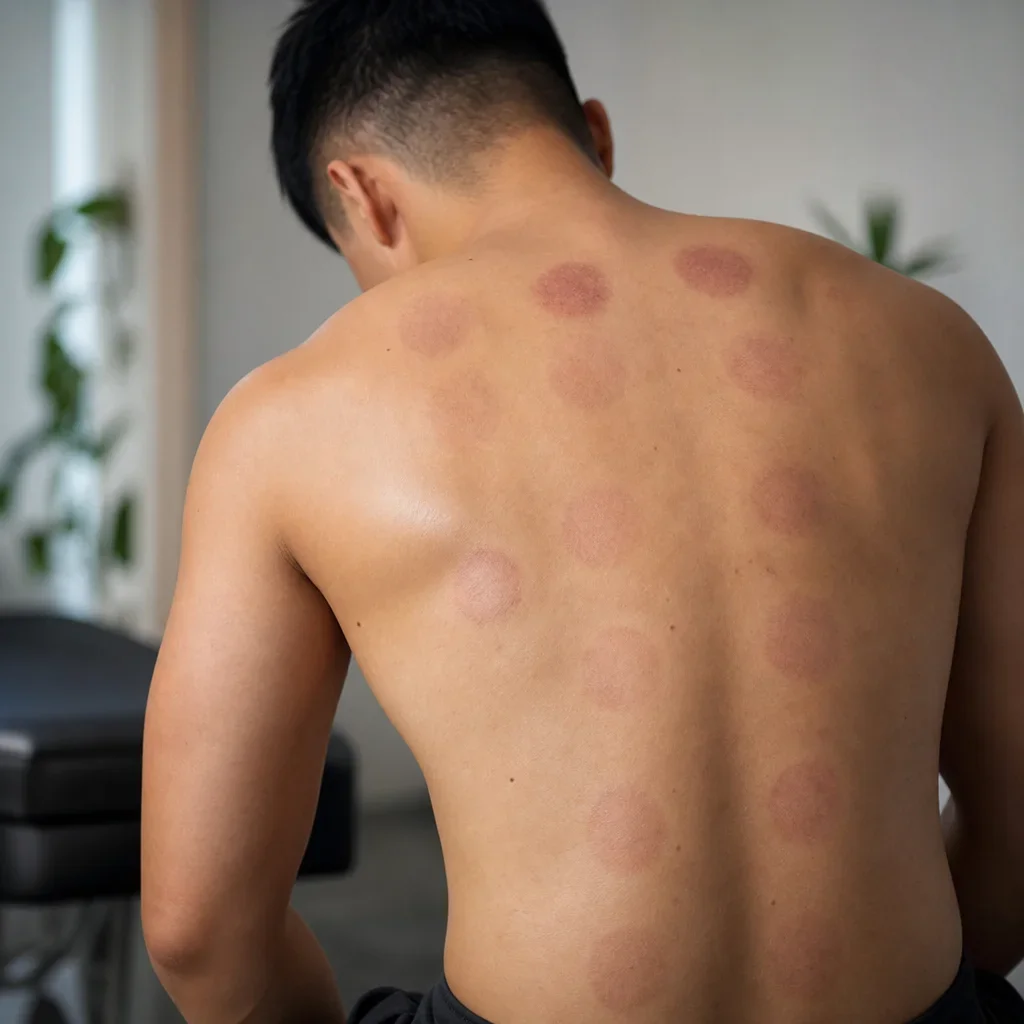 Close-up of fading cupping marks on an athlete’s back.