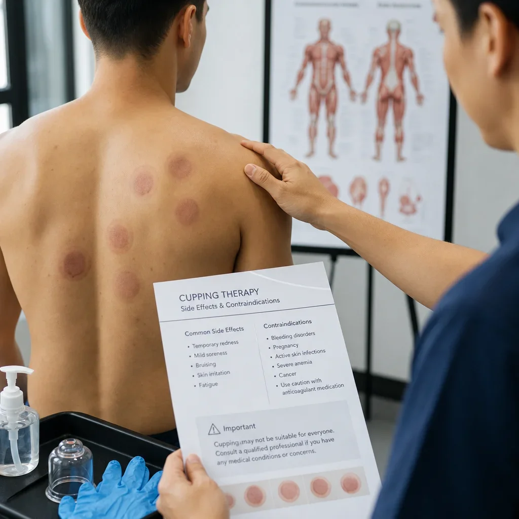 A clinician examining mild cupping marks and discussing risks.