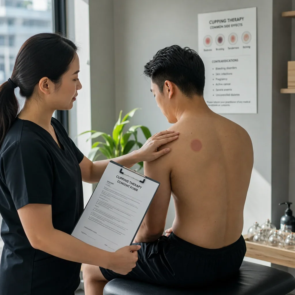 Clinician examining skin and marks before deciding whether cupping is appropriate.