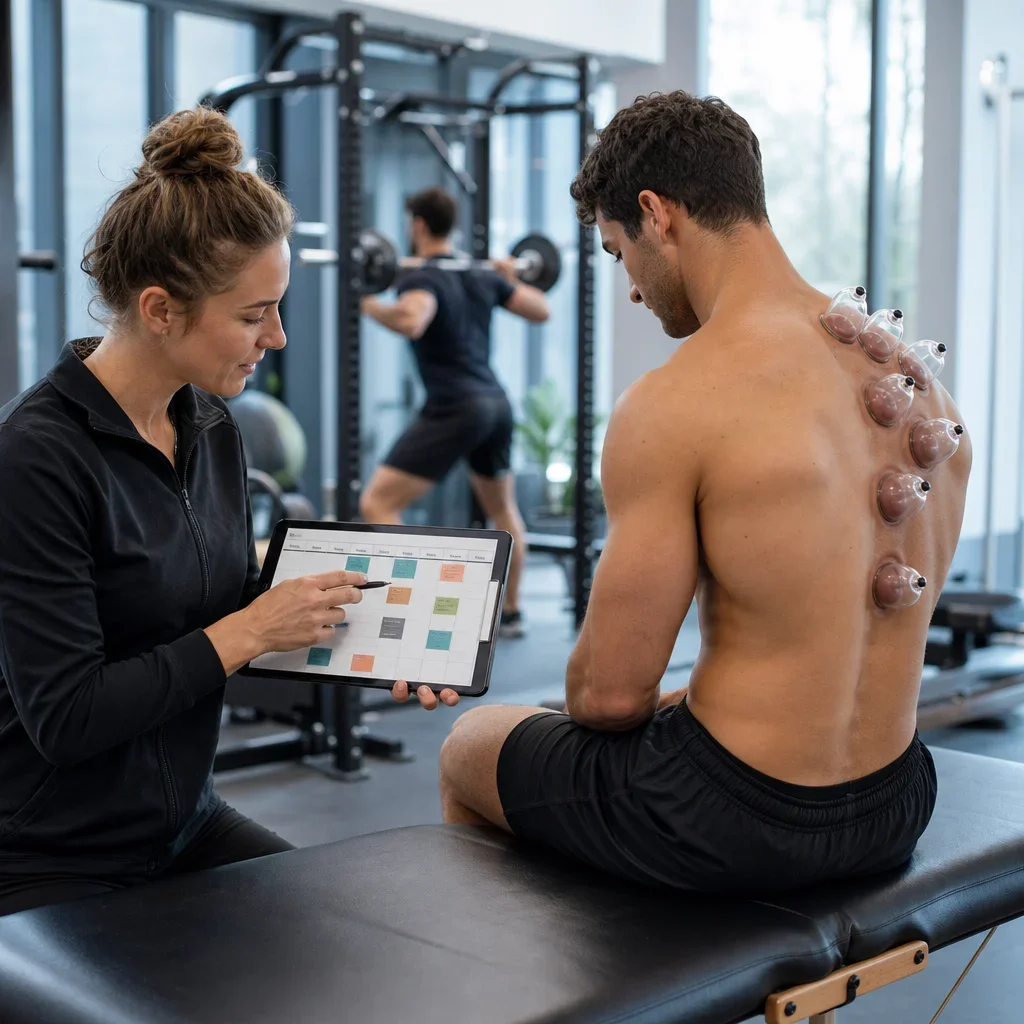 A therapist planning cupping around a training schedule after lifting.