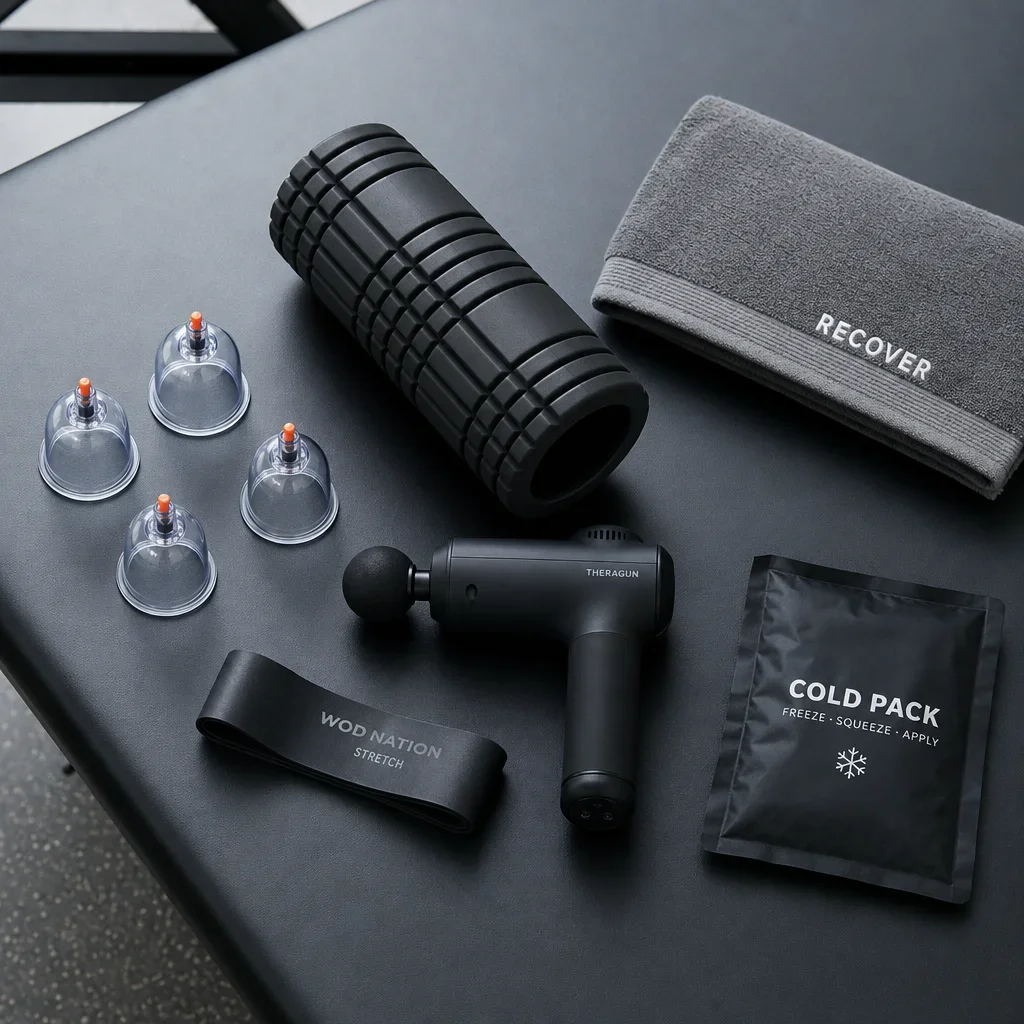 A flat lay comparing common recovery tools with cupping.