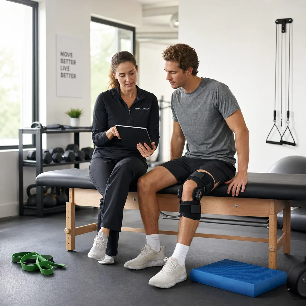 A clinician and athlete reviewing diagnosis-specific rehab examples.