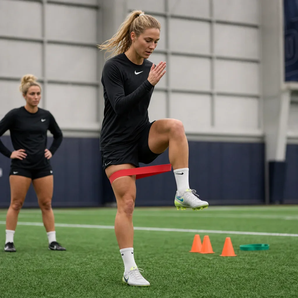 Female athlete performing a dynamic warm-up drill before sport.