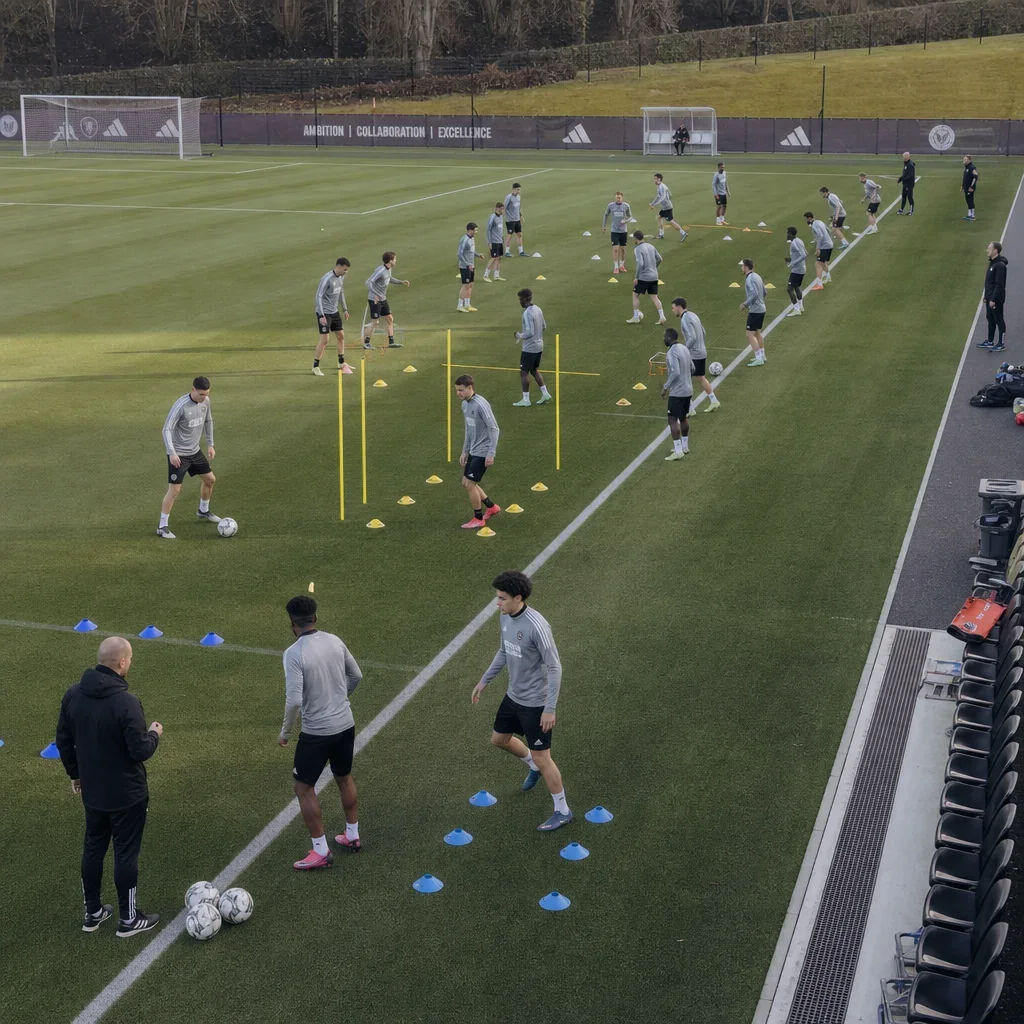 A soccer team rotating through lane-based warm-up stations with cones.