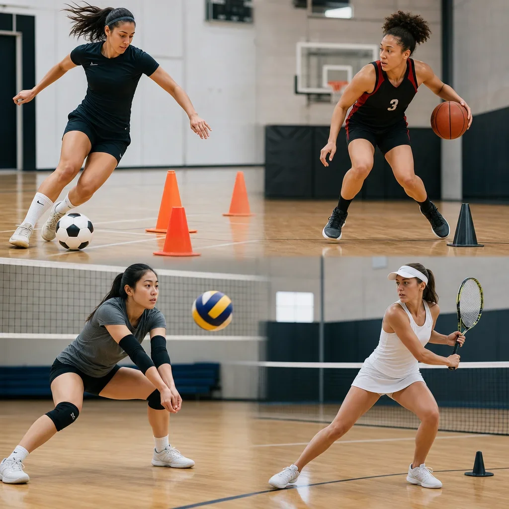 A sports hall scene suggesting multiple female pivoting sports with ACL risk.