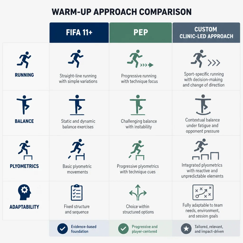 A simple comparison diagram of FIFA 11+, PEP, and a custom clinic-led warm-up.