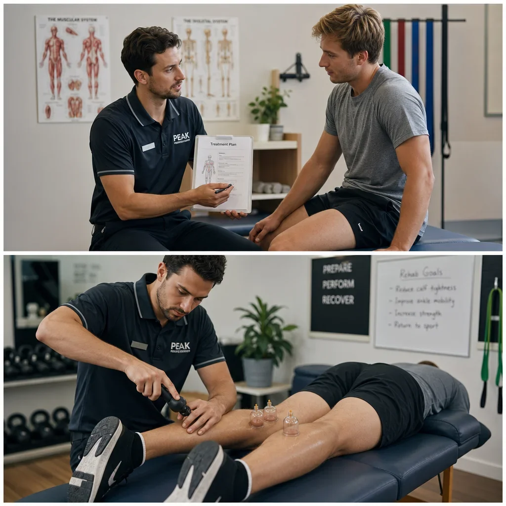 A physiotherapist assessing an athlete and applying cupping during a clinic visit.