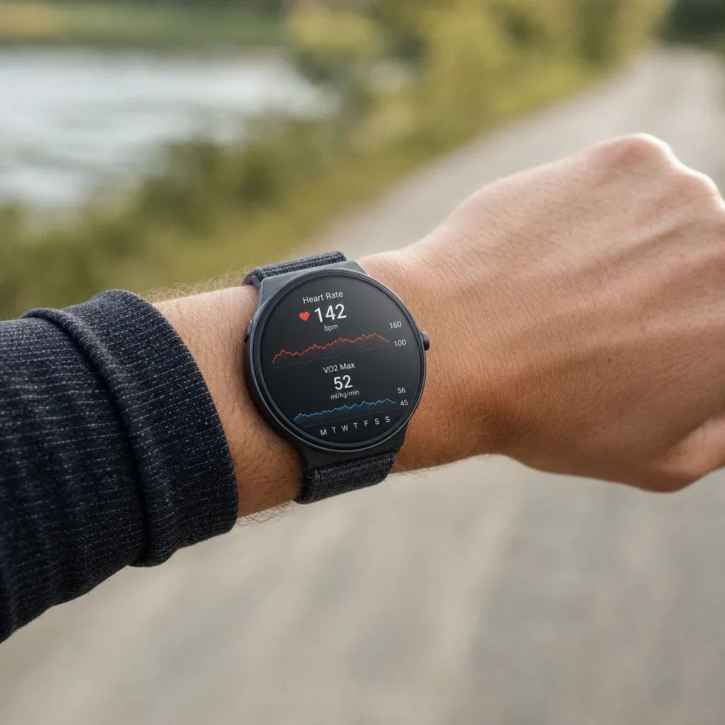 A runner wearing a fitness watch that estimates VO2 max.