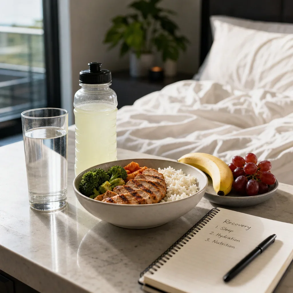 An athlete recovery scene with sleep, hydration, and nutrition essentials on a clean counter.