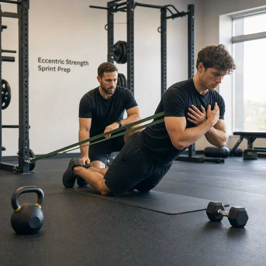 An athlete performs a supervised hamstring injury prevention exercise in a gym.