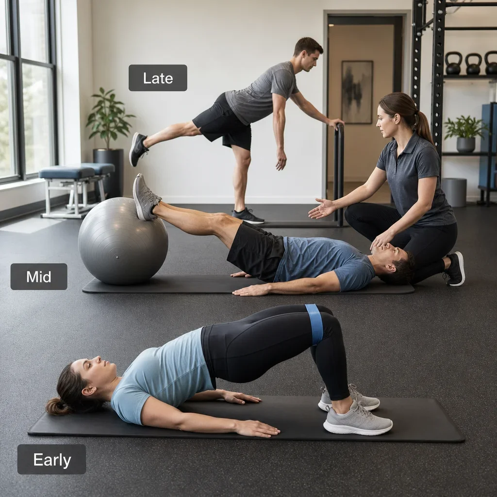 A staged hamstring rehab progression from bridges to curls to single-leg hinge work.