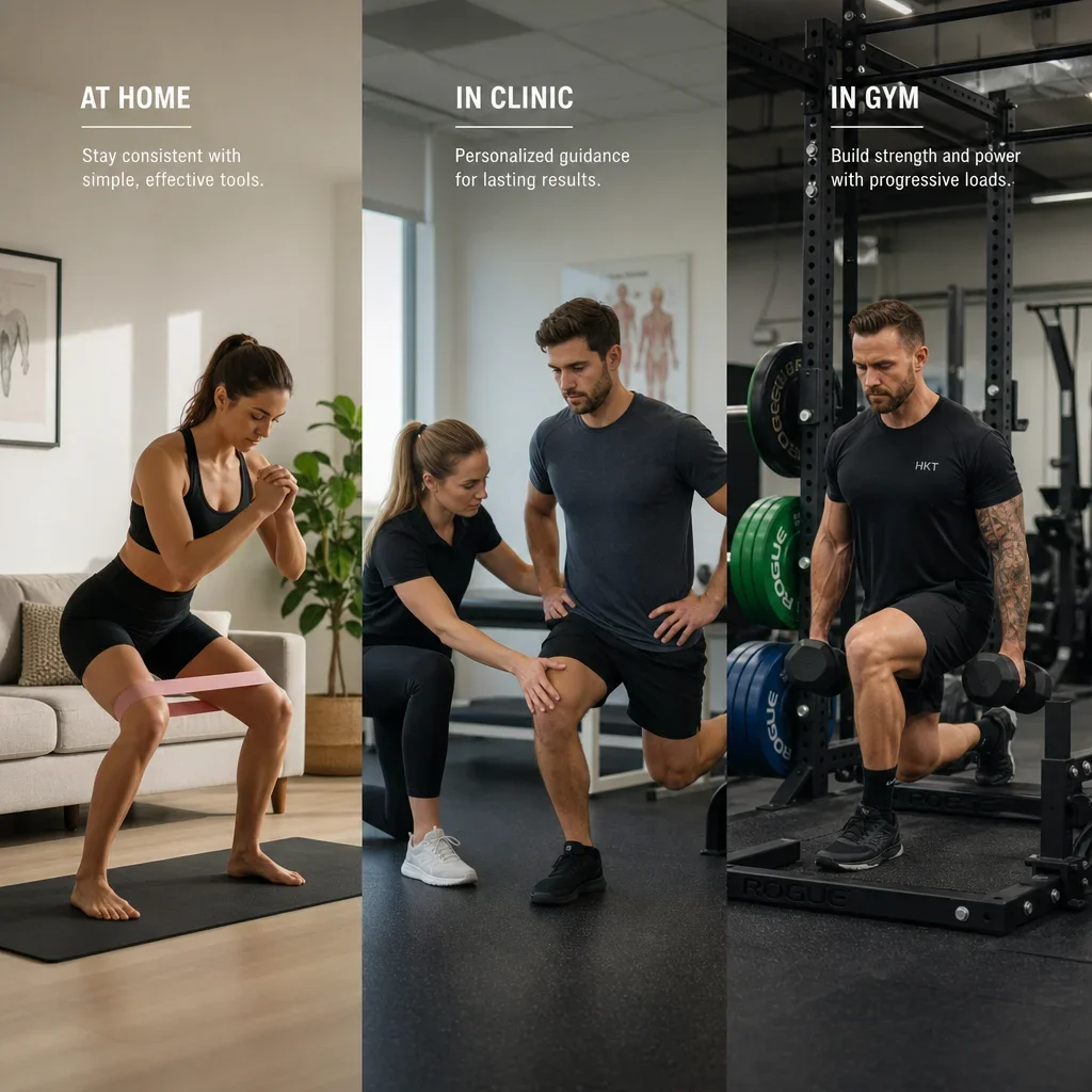 A comparison of home, clinic, and gym rehab settings.
