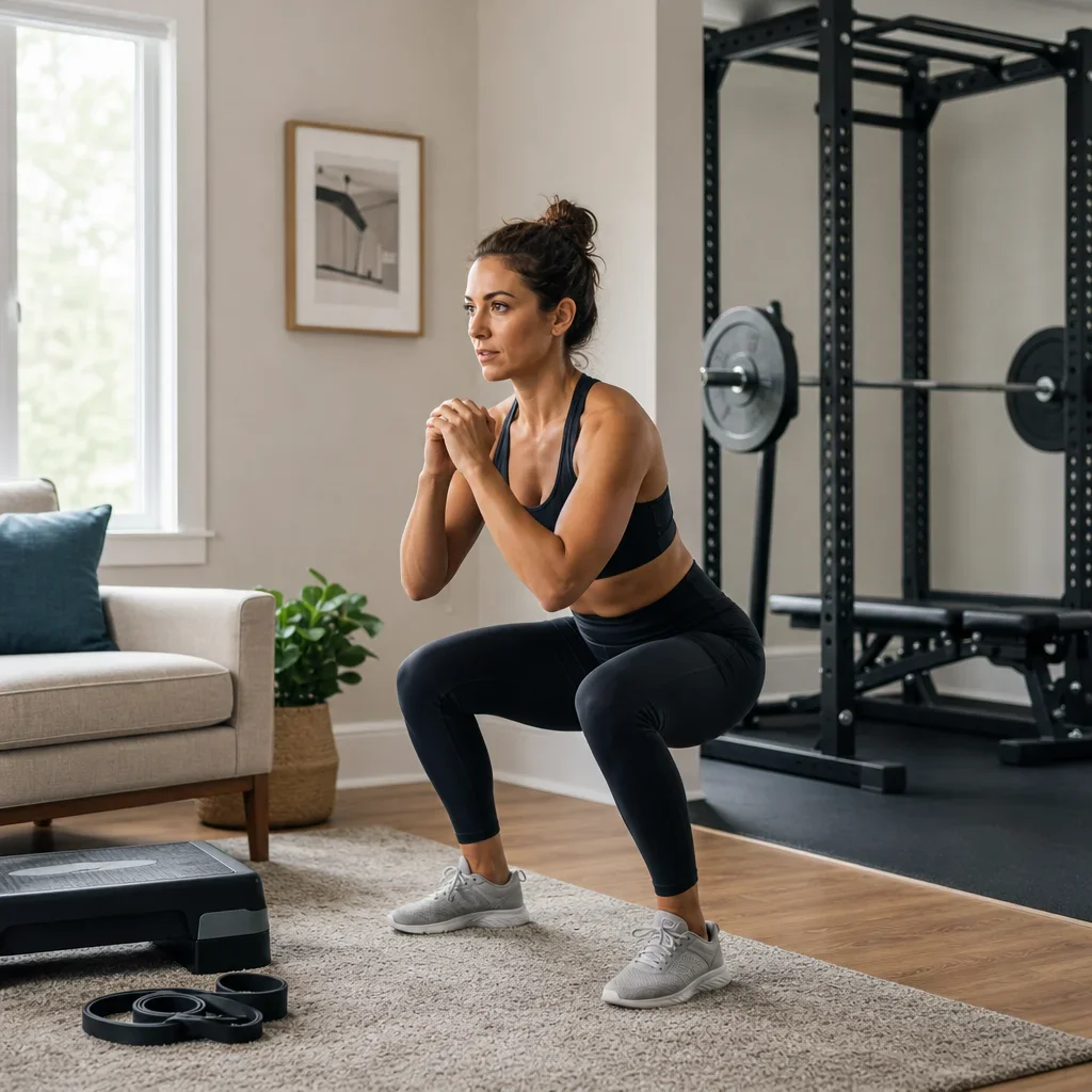 Home workout setup for ski knee strengthening with chair, step, and resistance band.