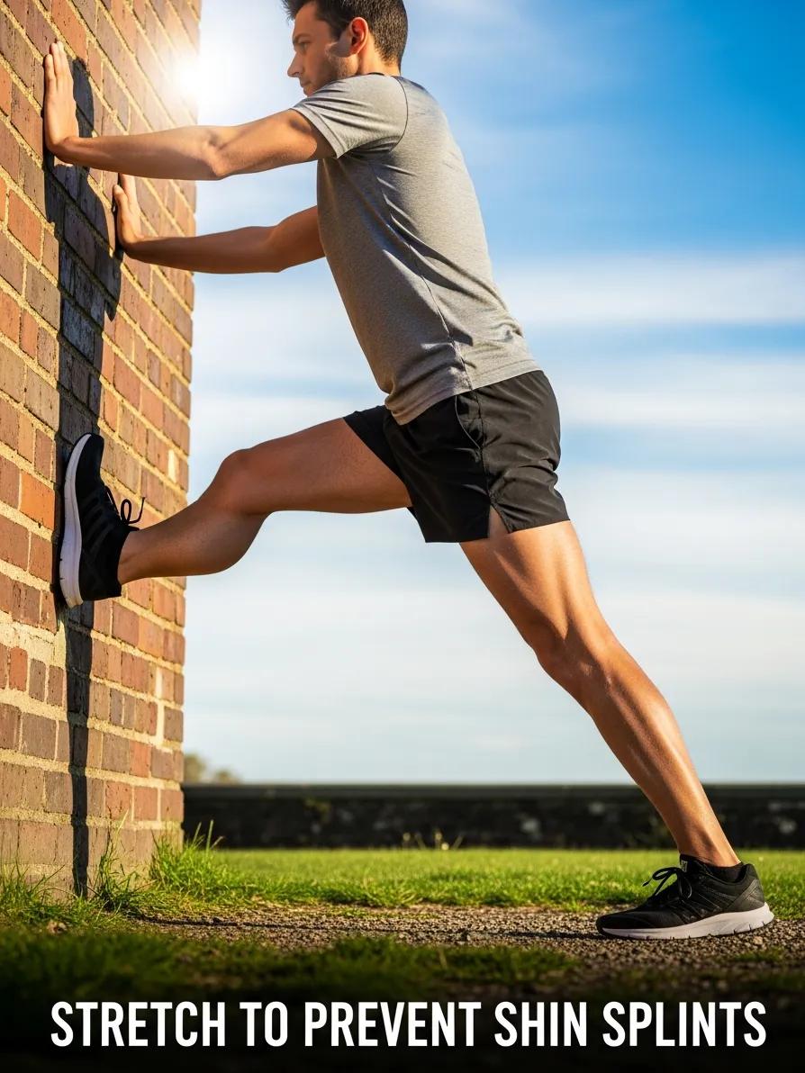 Person performing a standing calf stretch against a wall to improve ankle and calf flexibility