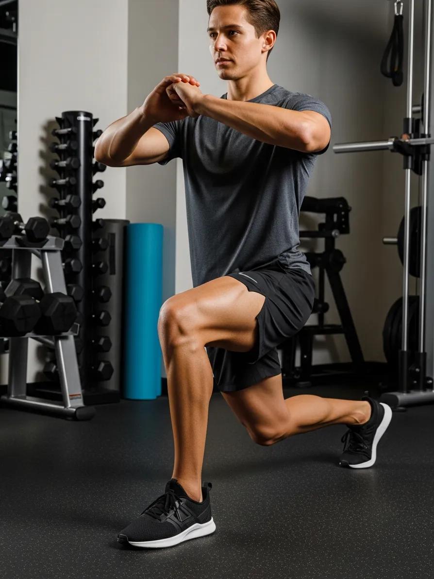 Person performing dynamic stretches in a gym to help prevent groin strains